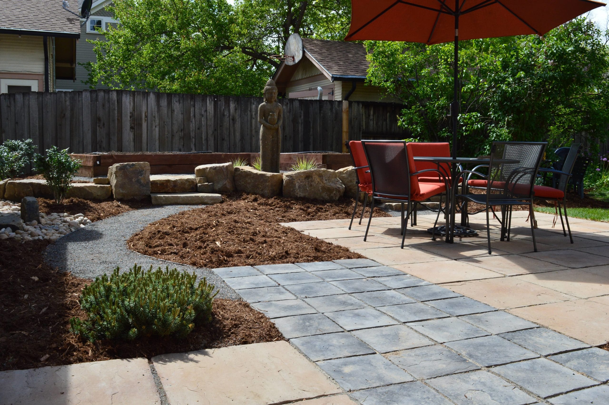 Flat stone patio with gravel path up to raised garden beds. Edged by mulch and landscape rock filled with plants and bushes.
