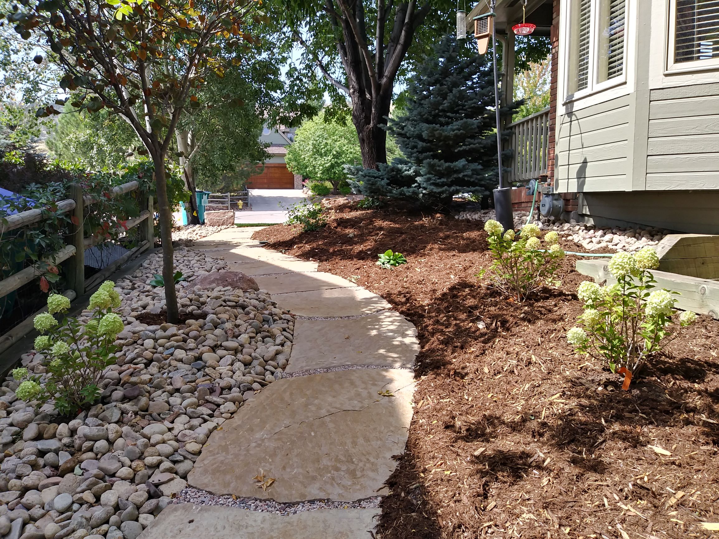 Stepping stone path with mulch and rock bordering its length.