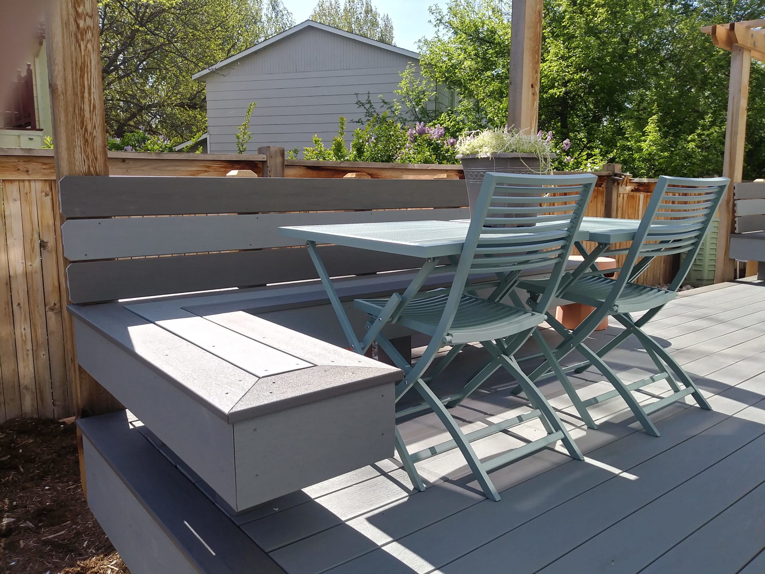 Composite deck with built in bench seats.