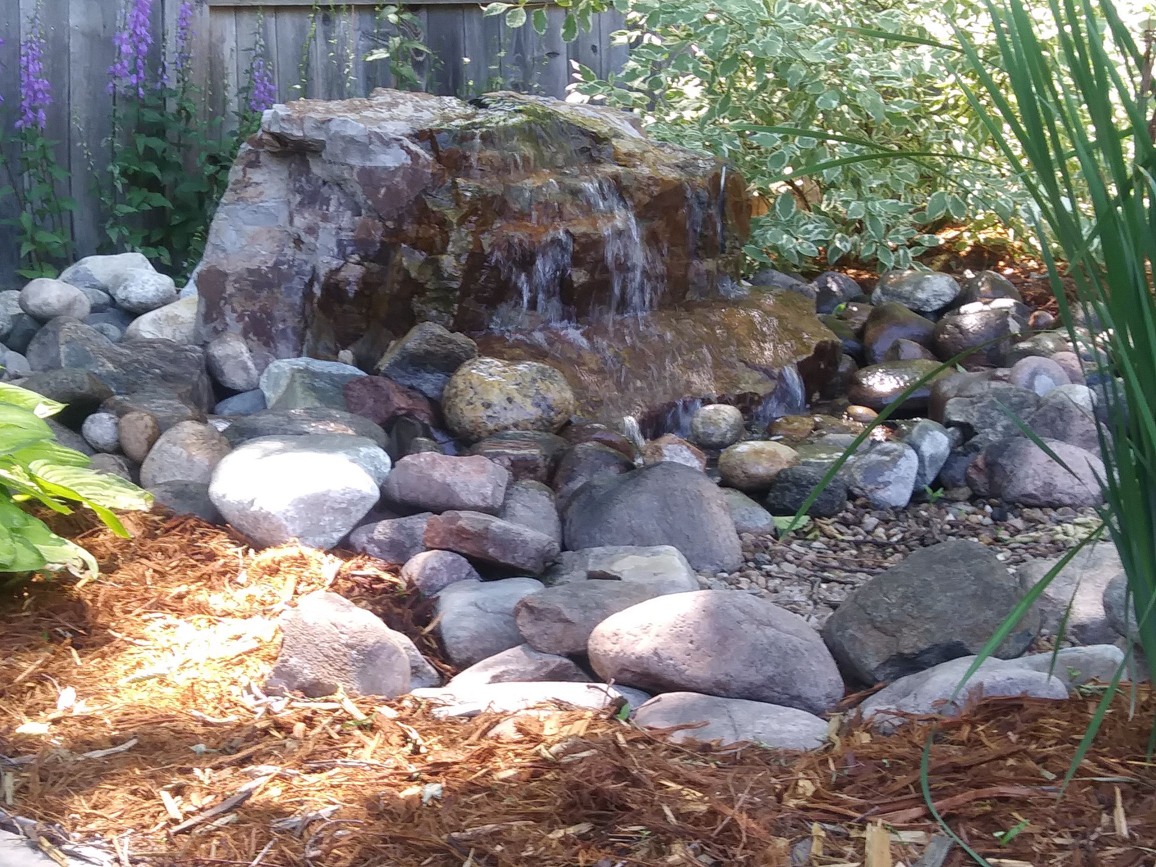 Large rock water feature surrounded by bushes.