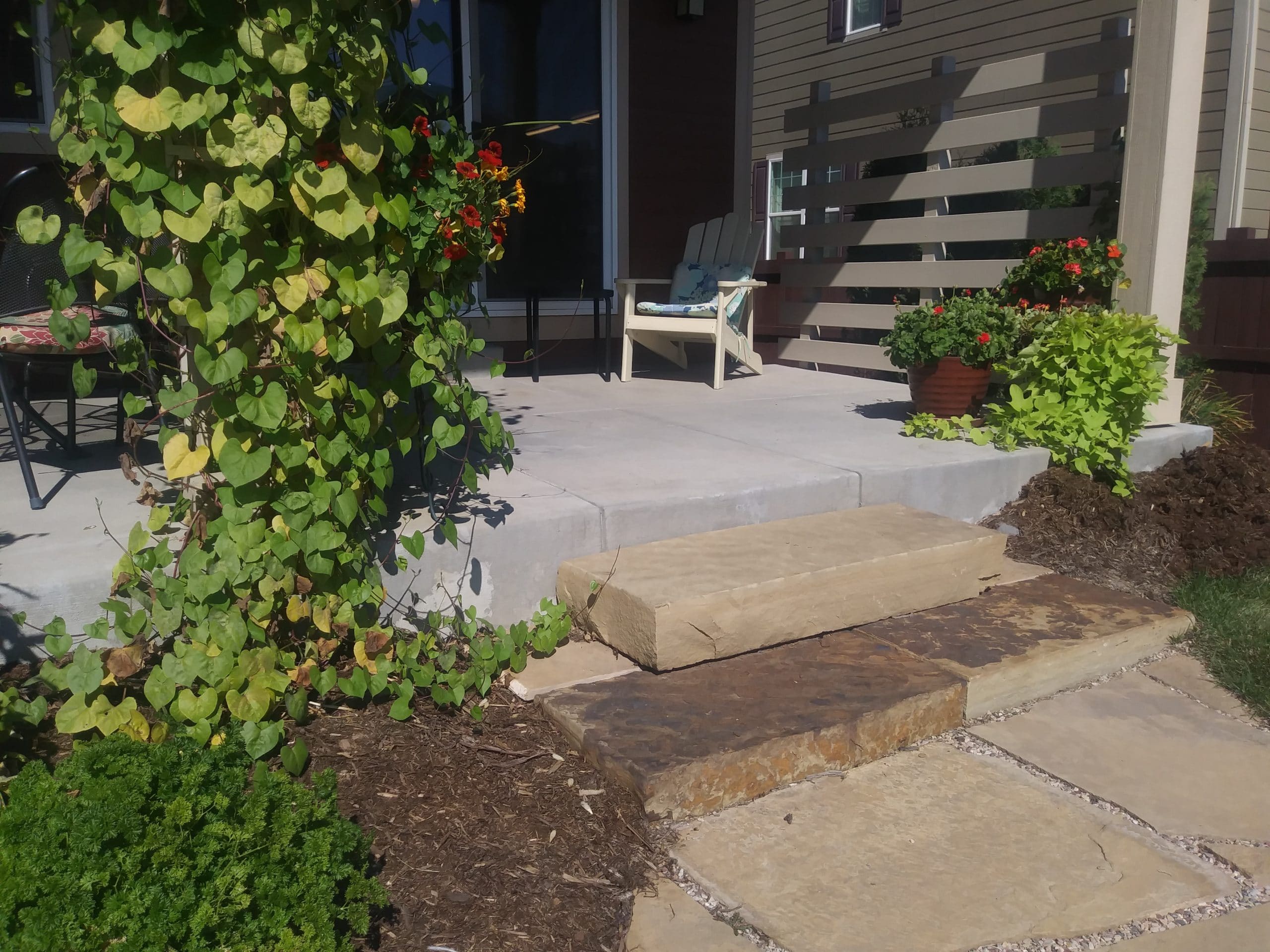Concrete patio with flat stone steps leading to path.
