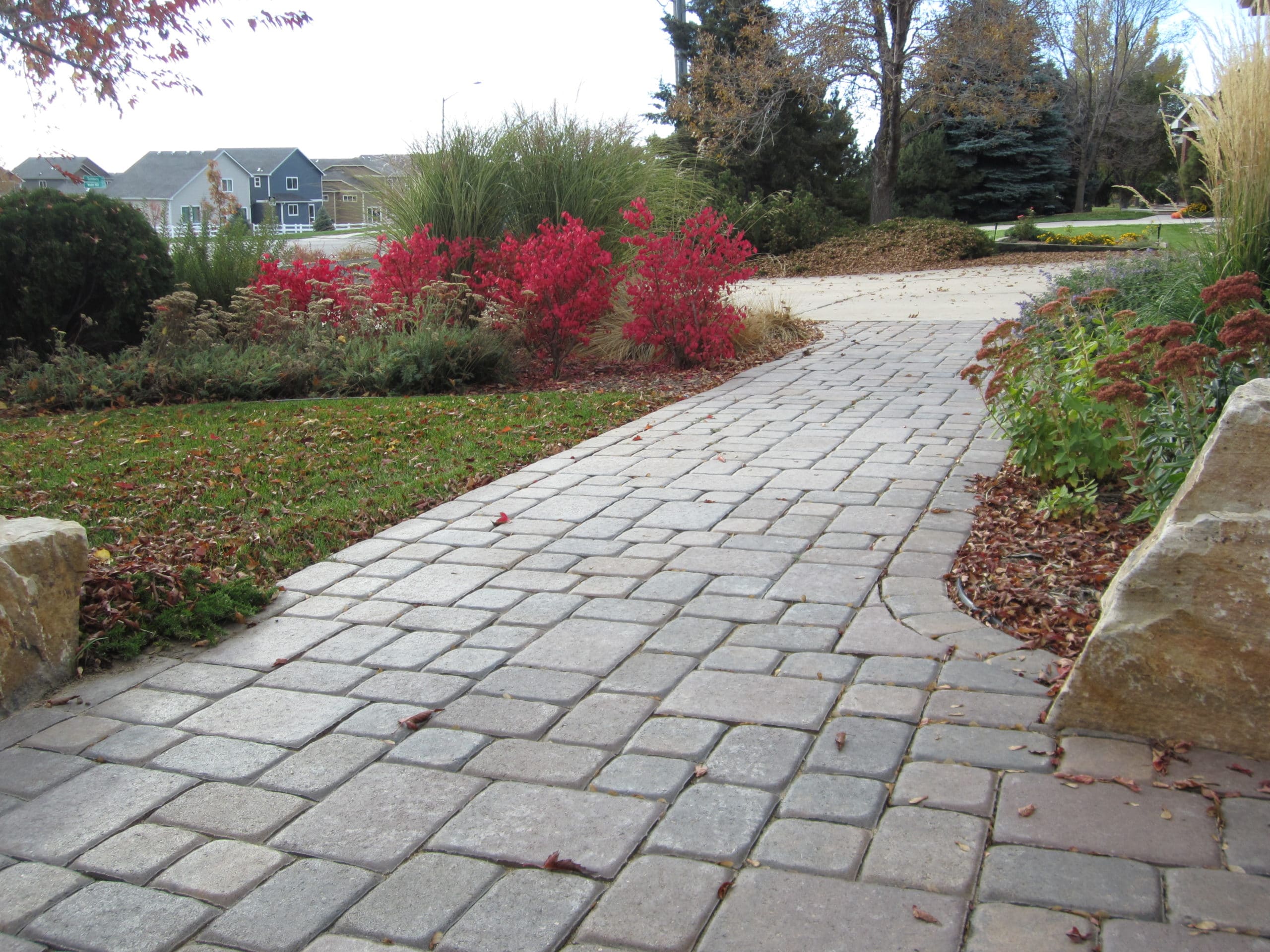 Brick laid path from driveway bordered by grass and mulch with plants and bushes.