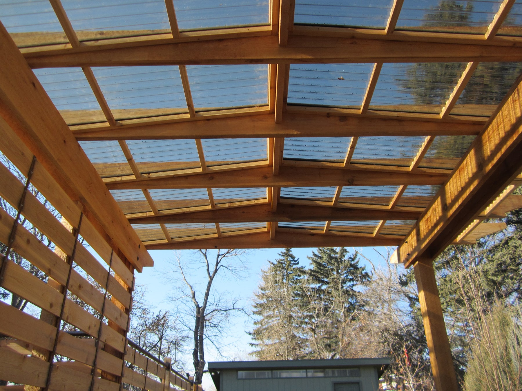 Pergola with clear roof panels to block debris but not the sky.