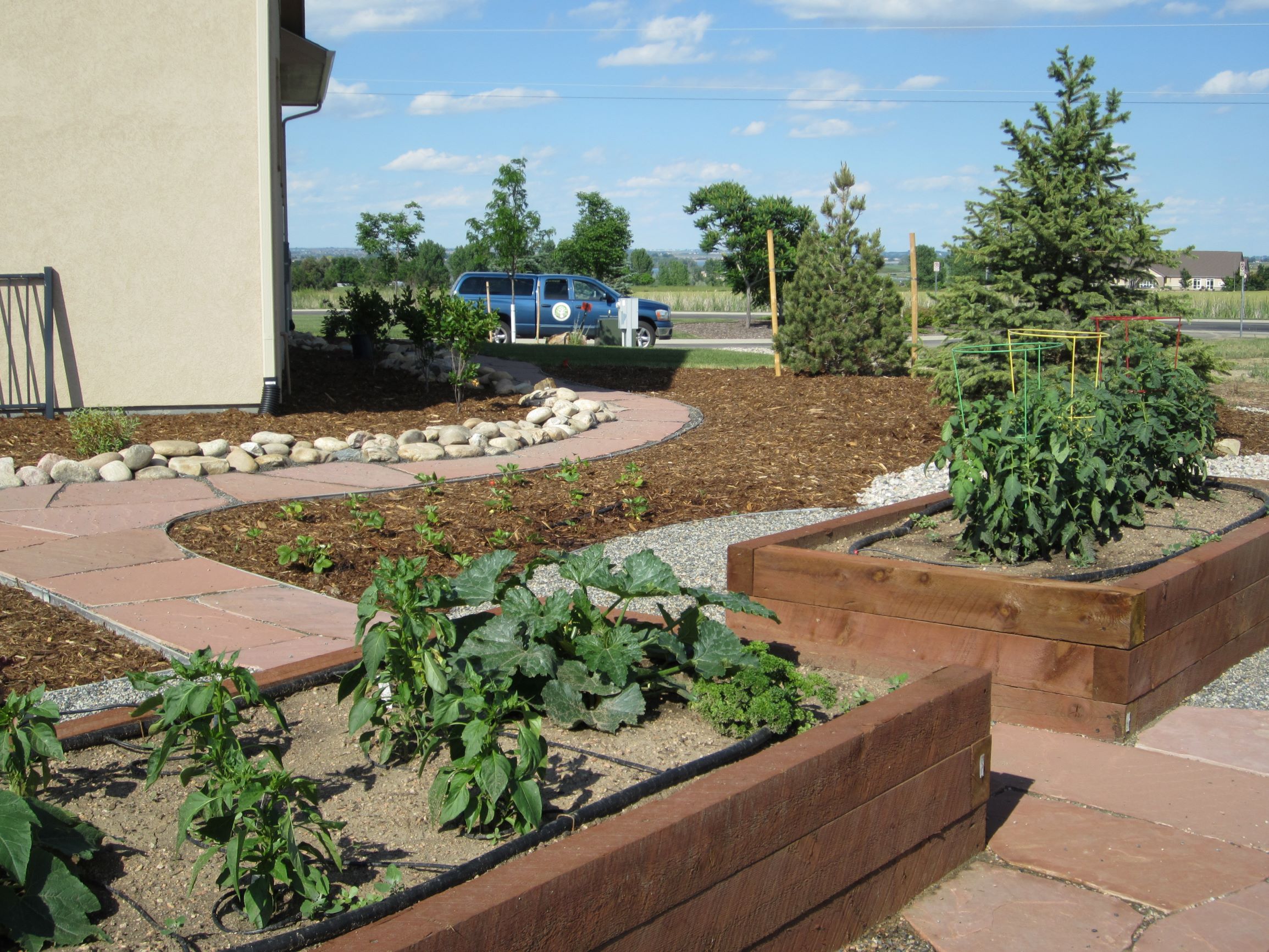 Raised garden beds with stone path leading to front of house.